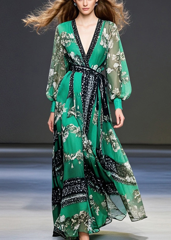 Peacock Green Cinched Print Chiffon Maxi Dresses Spring
