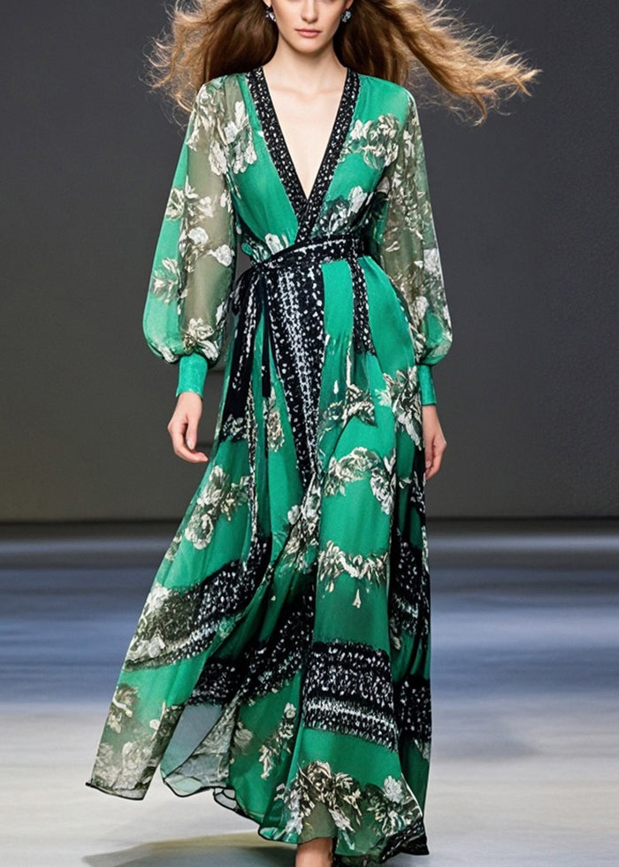 Peacock Green Cinched Print Chiffon Maxi Dresses Spring