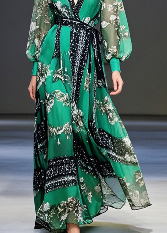 Peacock Green Cinched Print Chiffon Maxi Dresses Spring