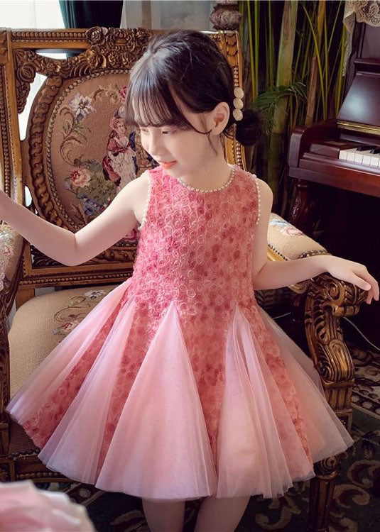 Pink Bow Nail Bead Patchwork Tulle Baby Princess Dresses Sleeveless