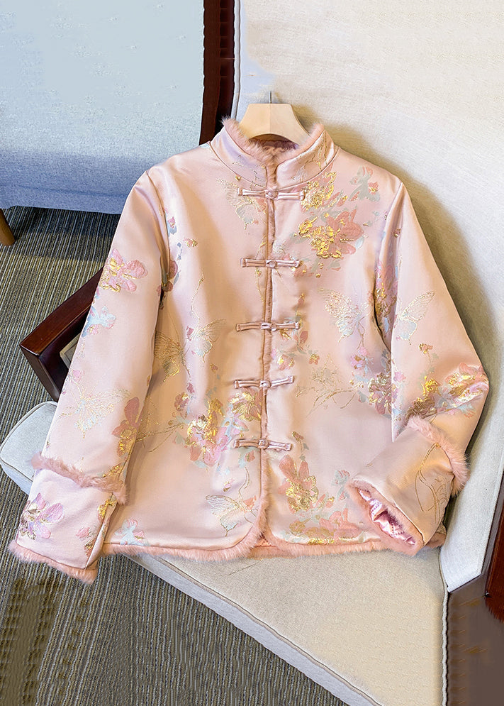 Pink Button Fluffy Patchwork Thick Parkas Winter