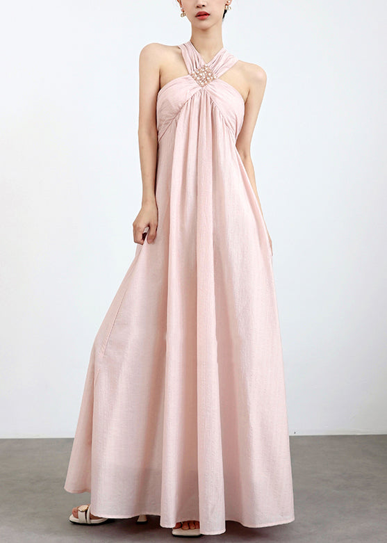 Pink Cold Shoulder Pearl Cotton Maxi Dresses Sleeveless