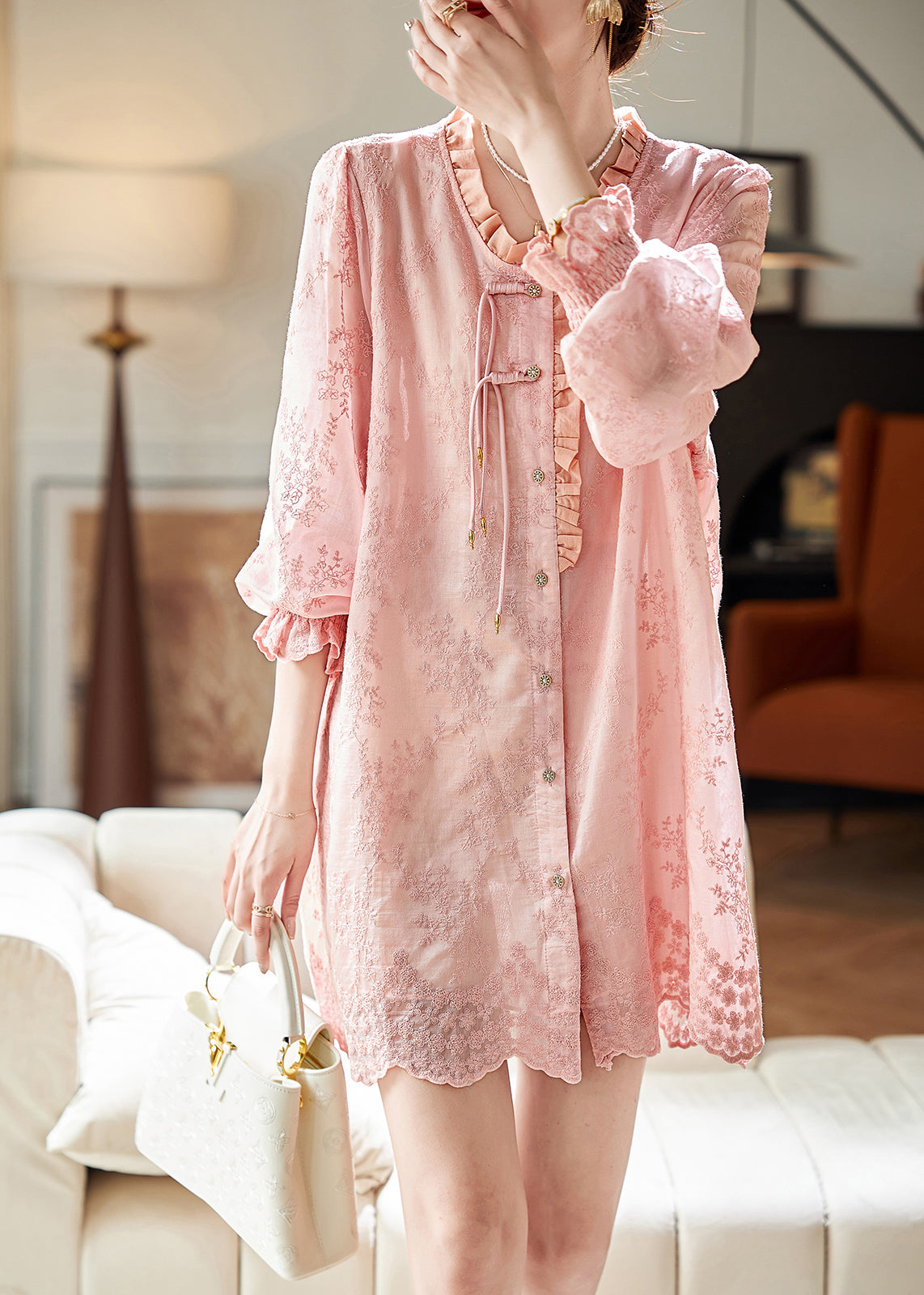 Pink Embroidered Ruffled Patchwor Button Mid Shirt Dresses Fall