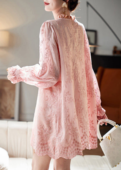 Pink Embroidered Ruffled Patchwor Button Mid Shirt Dresses Fall