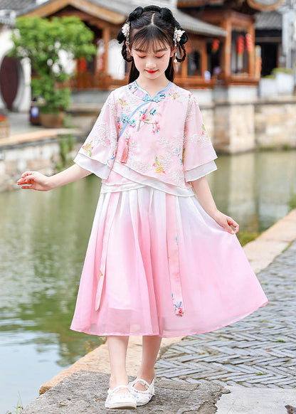 Pink Embroideried Patchwork Tassel Chiffon Long Dresses Short Sleeve