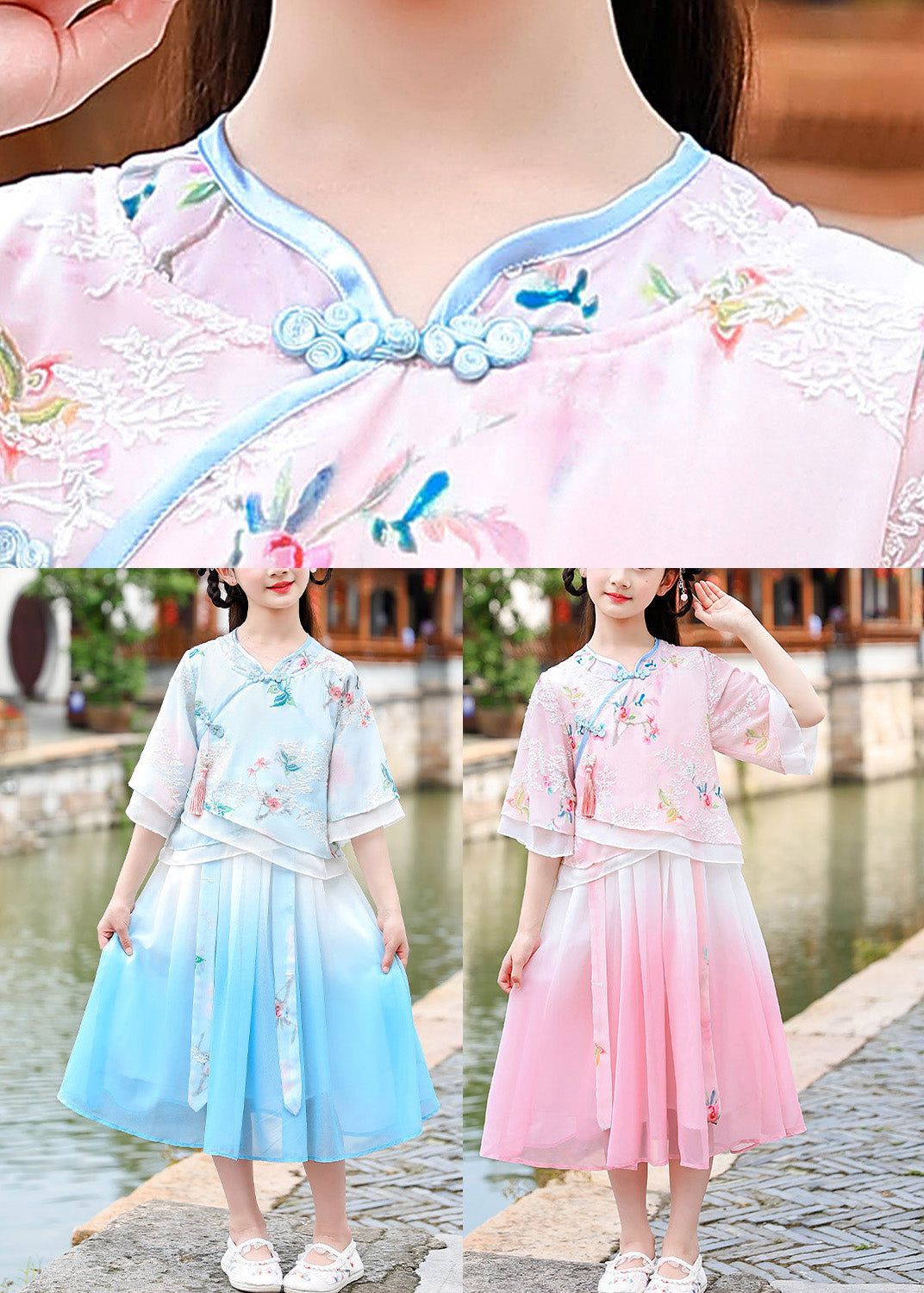 Pink Embroideried Patchwork Tassel Chiffon Long Dresses Short Sleeve