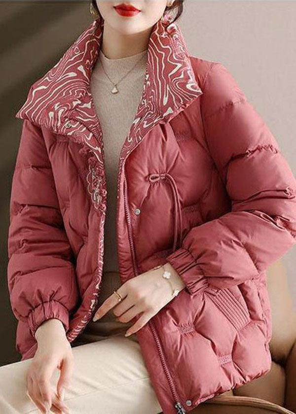Pink Embroideried Stand Collar Duck Down Puffers Jackets Winter