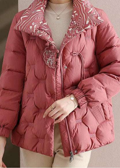 Pink Embroideried Stand Collar Duck Down Puffers Jackets Winter