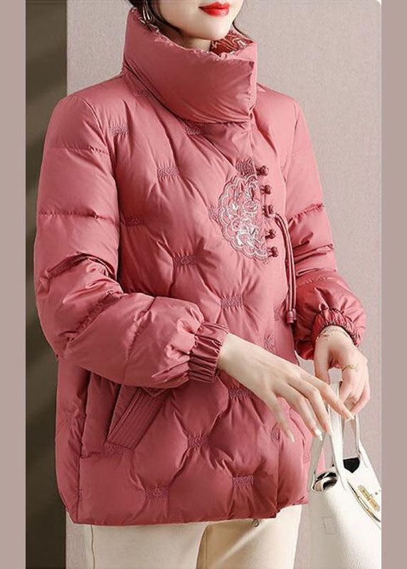 Pink Embroideried Stand Collar Duck Down Puffers Jackets Winter