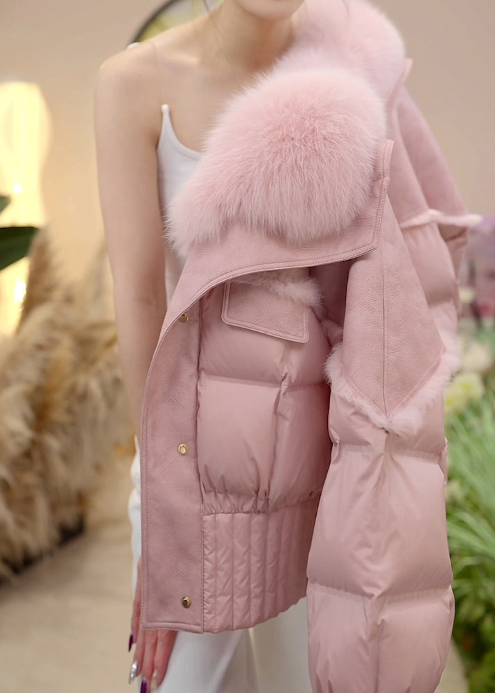 Pink Fur Collar Button Patchwork Duck Down Puffer Jacket Winter