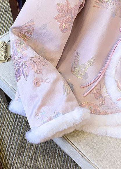 Pink Fur Collar Chinese Button Thick Parkaer Winter