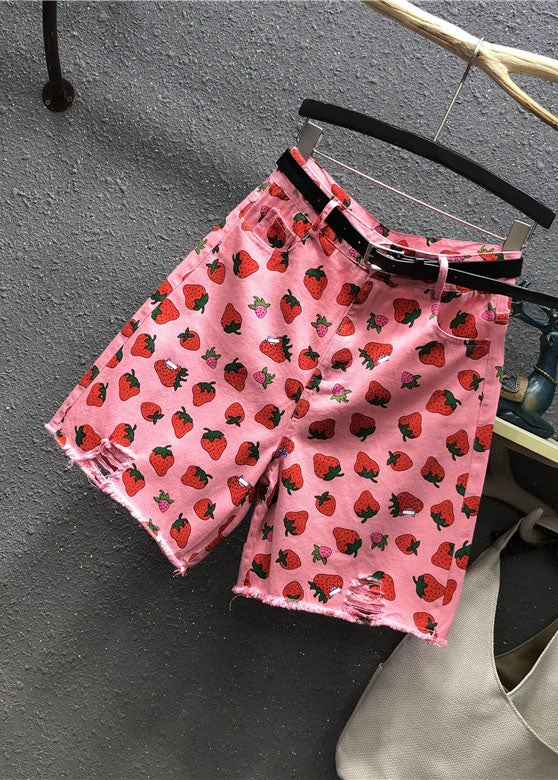 Pink High Waist Strawberry Print Patchwork Half Straight Pants