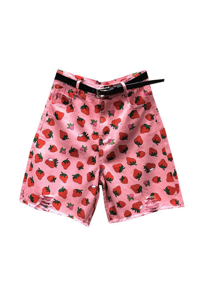 Pink High Waist Strawberry Print Patchwork Half Straight Pants
