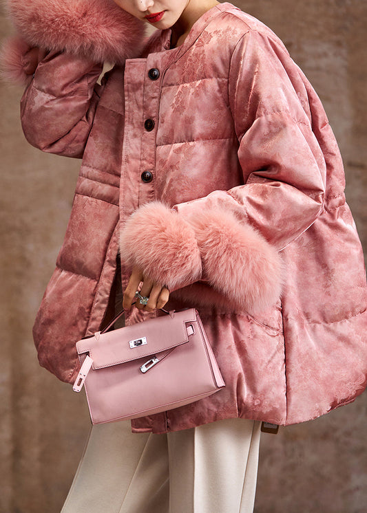 Pink Jacquard Patchwork Fox Hair Duck Down Silk Puffer Coat Winter