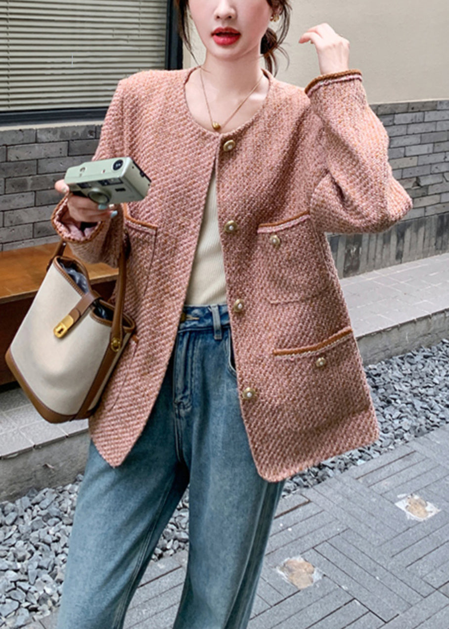 Pink O Neck Button Pockets Coat Spring