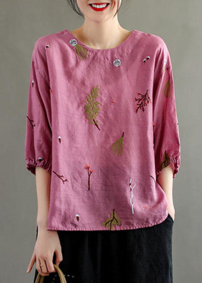 Pink O-neck Embroideried Summer Linen Blouses