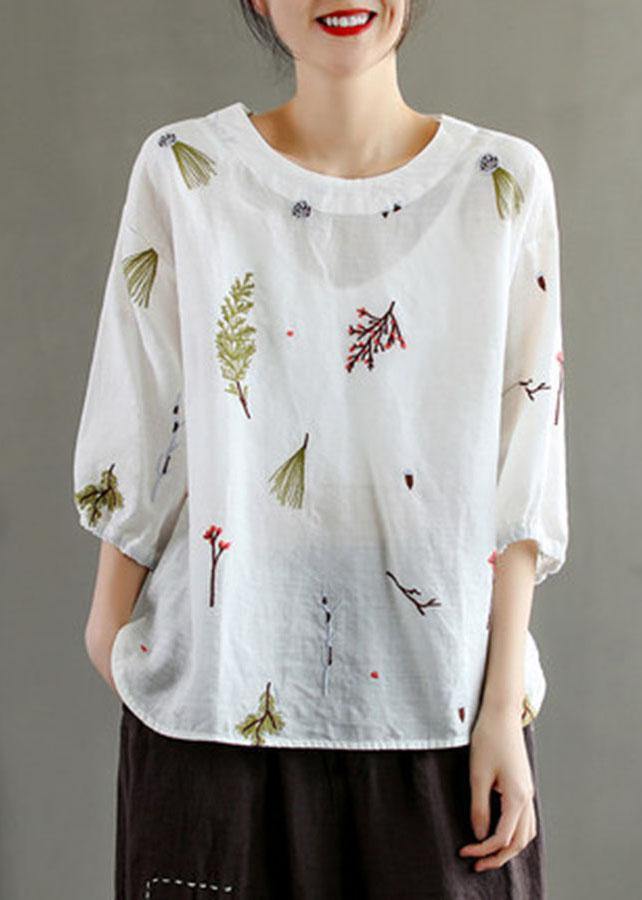 Pink O-neck Embroideried Summer Linen Blouses