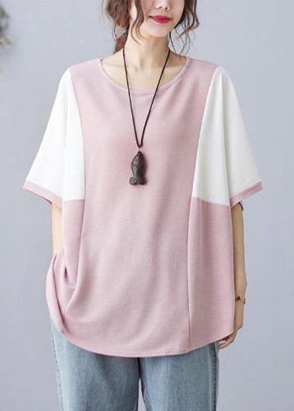 Pink O-neck Half Sleeve Summer Blouse Top