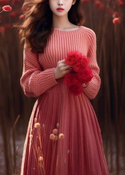 Pink O Neck High Waist Knit Sweater Dress Winter