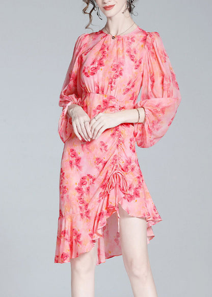Pink O-neck Print Tunic Slim Vacation Long Dresses Lantern Sleeve