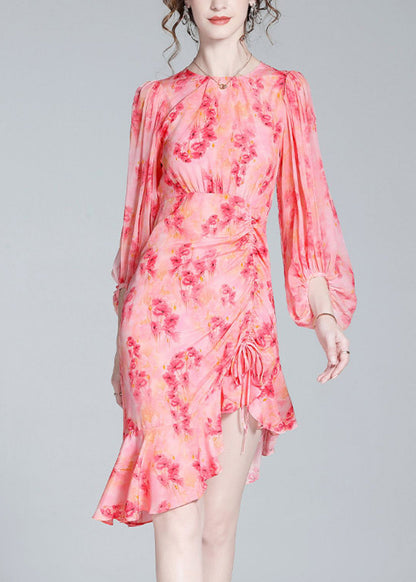 Pink O-neck Print Tunic Slim Vacation Long Dresses Lantern Sleeve