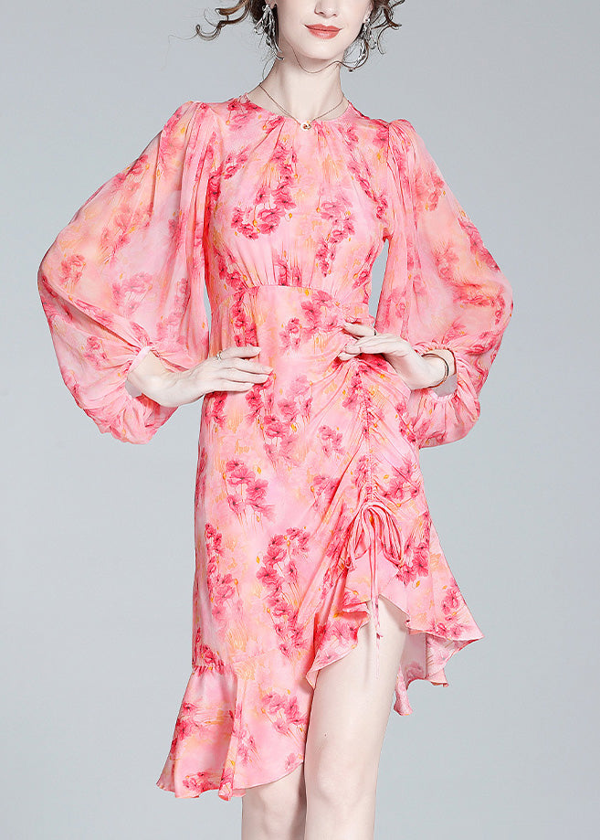 Pink O-neck Print Tunic Slim Vacation Long Dresses Lantern Sleeve