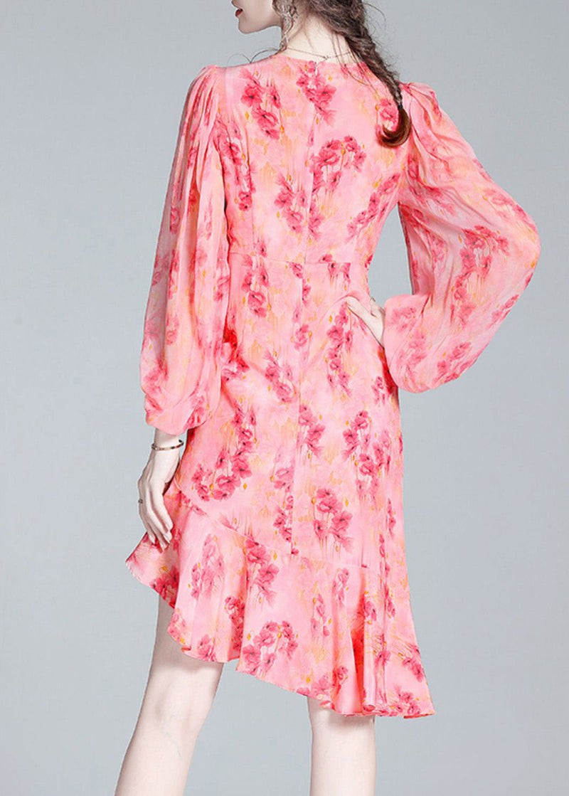 Pink O-neck Print Tunic Slim Vacation Long Dresses Lantern Sleeve