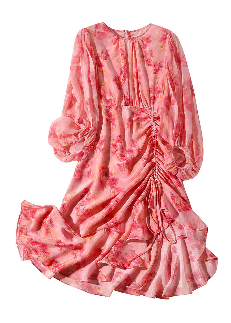 Pink O-neck Print Tunic Slim Vacation Long Dresses Lantern Sleeve