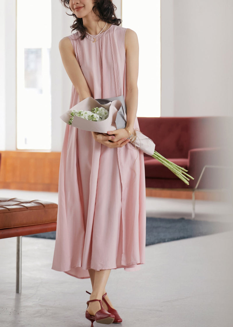 Pink O-neck Wrinkled Long a Line Dresses Sleeveless