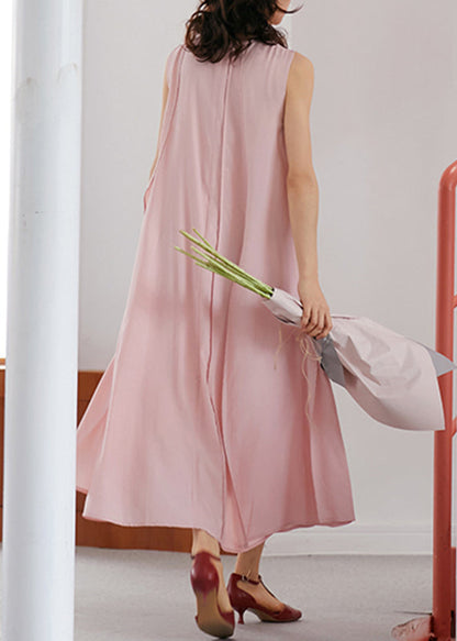 Pink O-neck Wrinkled Long a Line Dresses Sleeveless