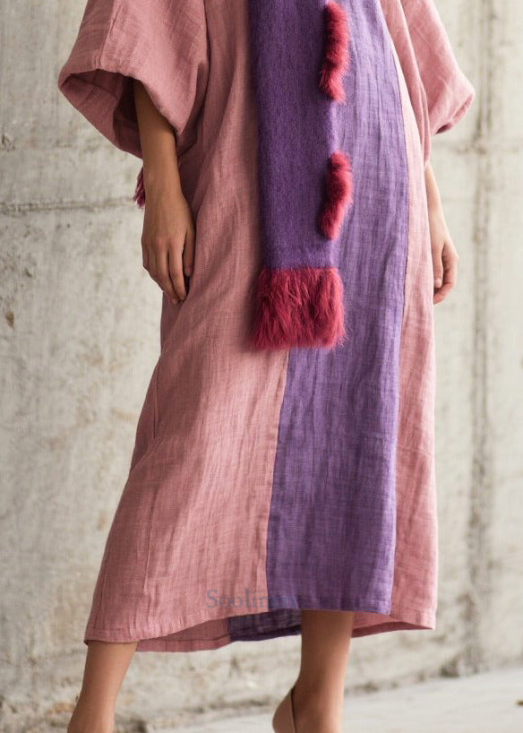 Pink Oversized Patchwork Cotton Robe Dresses Lantern Sleeve