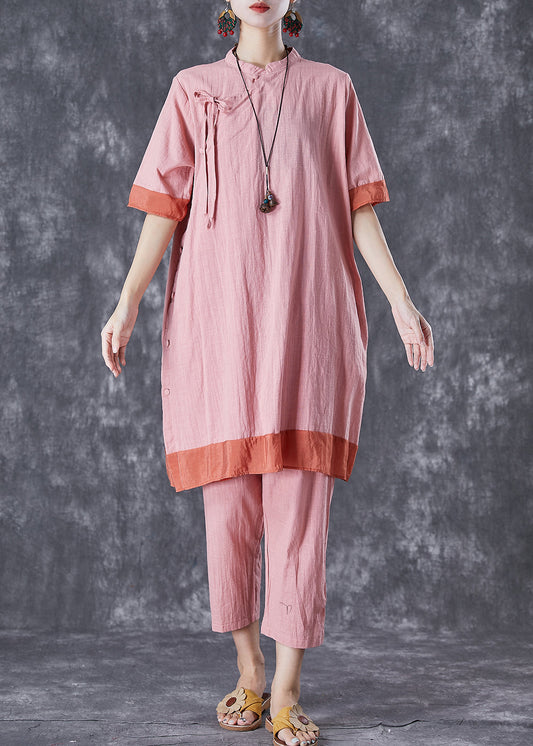 Pink Patchwork Lace Up Linen Dress and Pants Two Pieces Set Summer