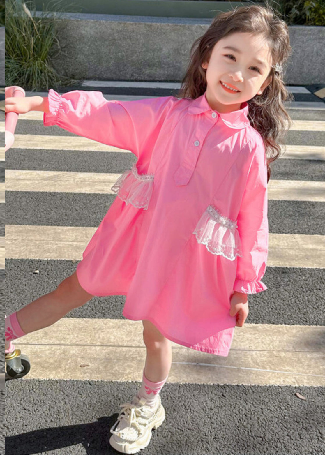 Pink Peter Pan Collar Patchwork Button Kids Long Shirts Dress Fall