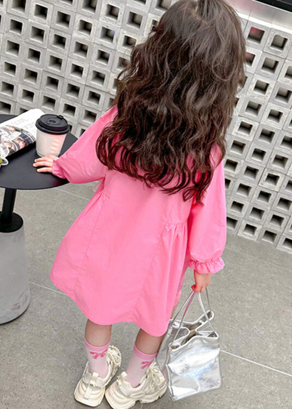 Pink Peter Pan Collar Patchwork Button Kids Long Shirts Dress Fall