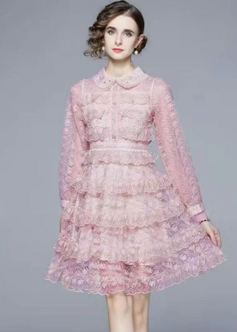 Pink Peter Pan Collar Ruffles Patchwork Mid Dress Long Sleeve