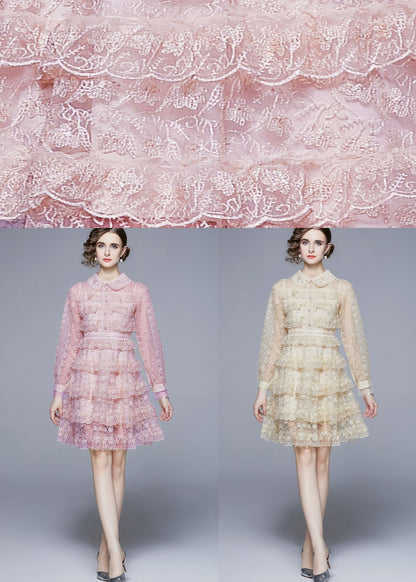 Pink Peter Pan Collar Ruffles Patchwork Mid Dress Long Sleeve