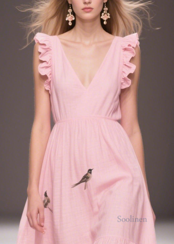 Pink Print Cotton Holiday Dress Butterfly Sleeve