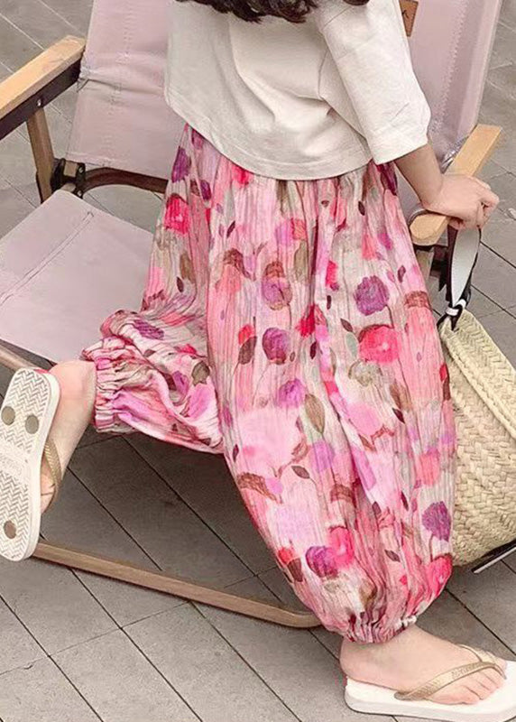Pink Print Elastic Waist Kids Lantern Pants Summer