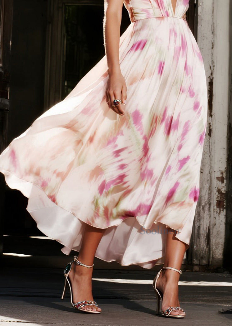 Pink Print Exra Large Hem Draping Silk Evening Dress Summer
