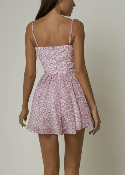 Pink Print Lace Up Cotton Spaghetti Strap Dress Sleeveles