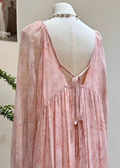 Pink Print Wrinkled Lace Up Chiffon Long Dress Fall