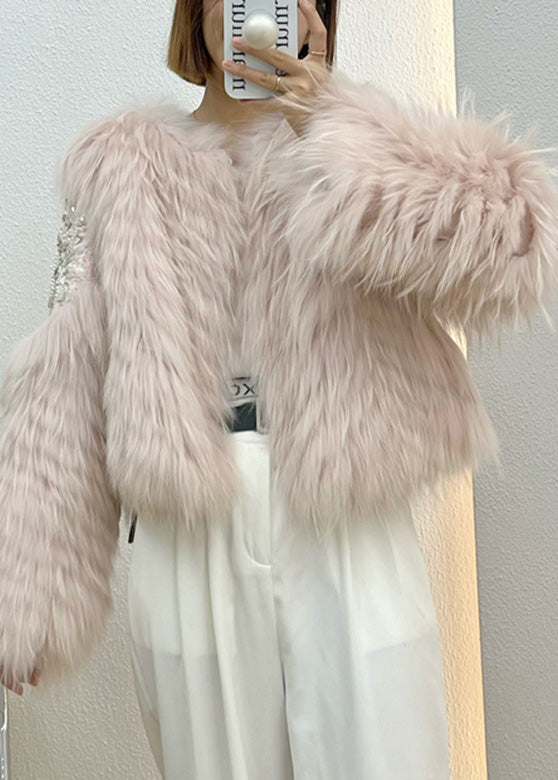 Pink Faux Fur Collar Nail Bead Button Leather and Fur Coat Winter