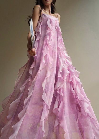 Pink Ruffled Chiffon Spaghetti Strap Dress Sleeveless