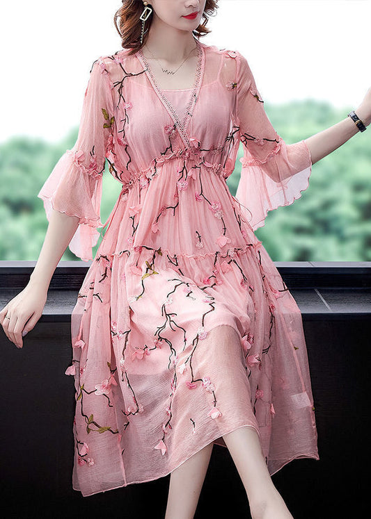 Pink Ruffled Embroideried Chiffonsilk Maxi Dresses Flare Sleeve