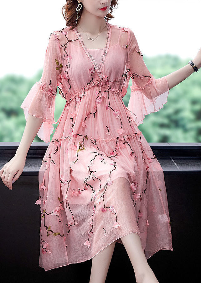 Pink Ruffled Embroideried Chiffonsilk Maxi Dresses Flare Sleeve