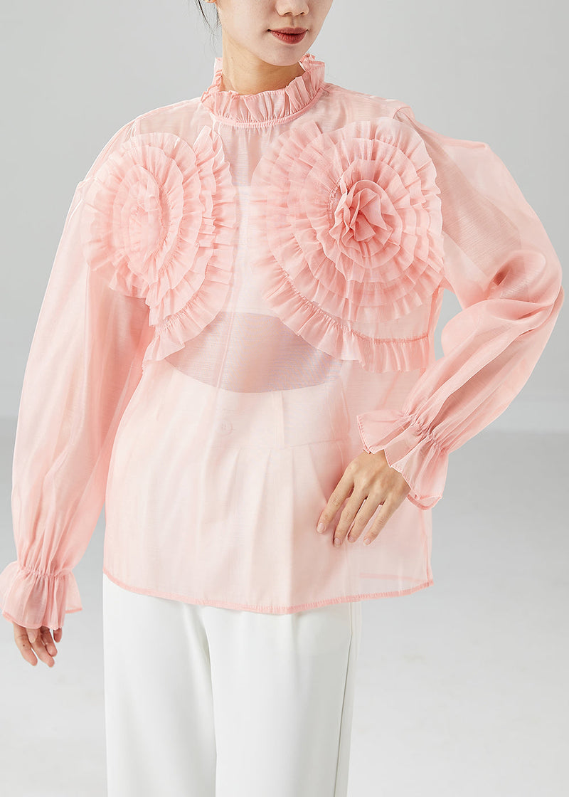Pink Ruffled Chiffon Blouses Summer