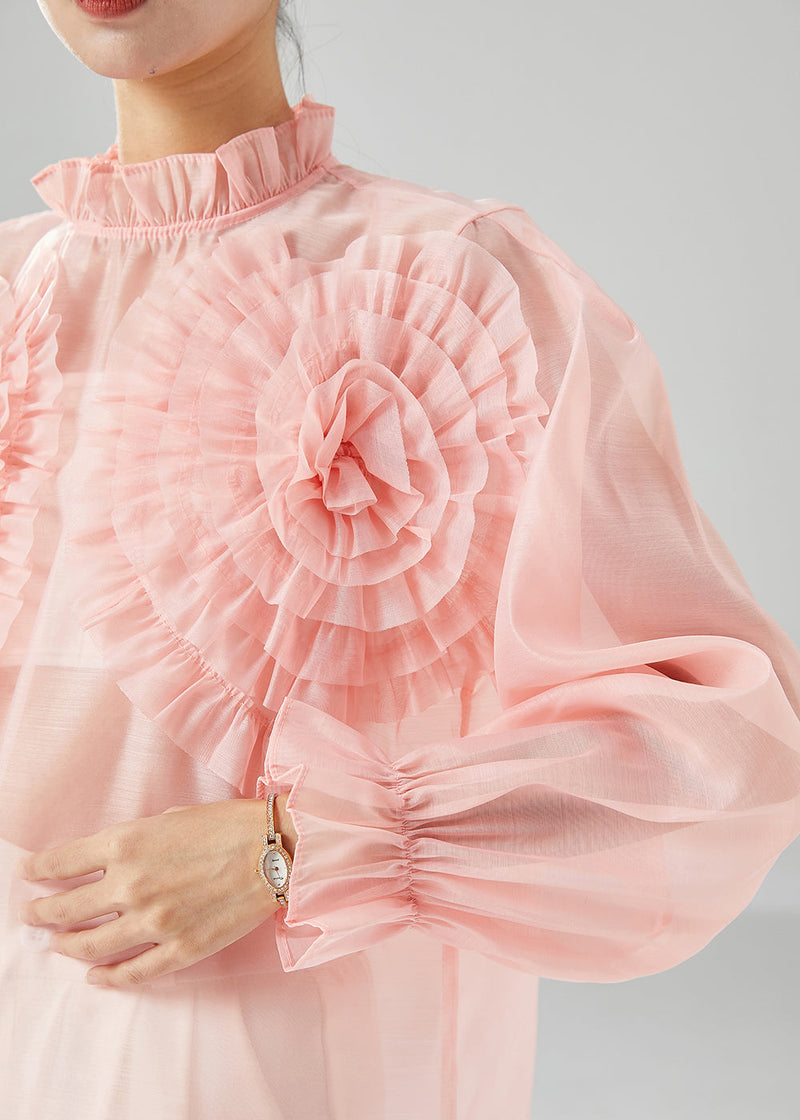 Pink Ruffled Chiffon Blouses Summer