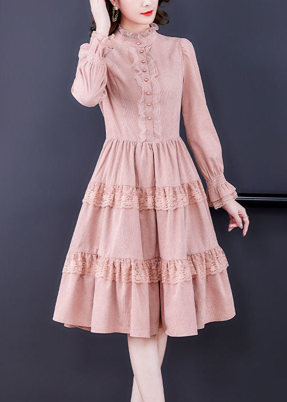 Pink Ruffled Lace Patchwork Exra Large Hem Silk Velour Dress Spring