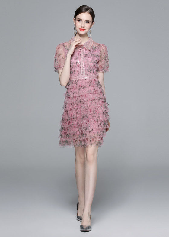 Pink Ruffled Nail Bead Print Patchwork Tulle Mid Dress Summer