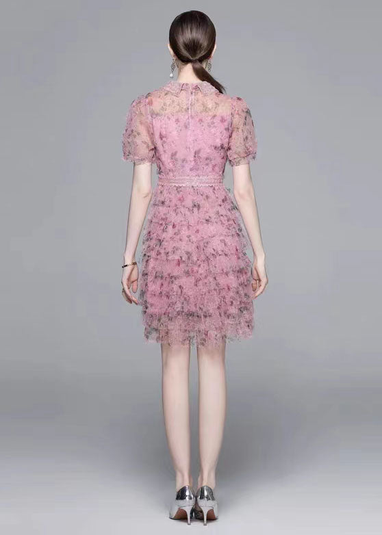 Pink Ruffled Nail Bead Print Patchwork Tulle Mid Dress Summer